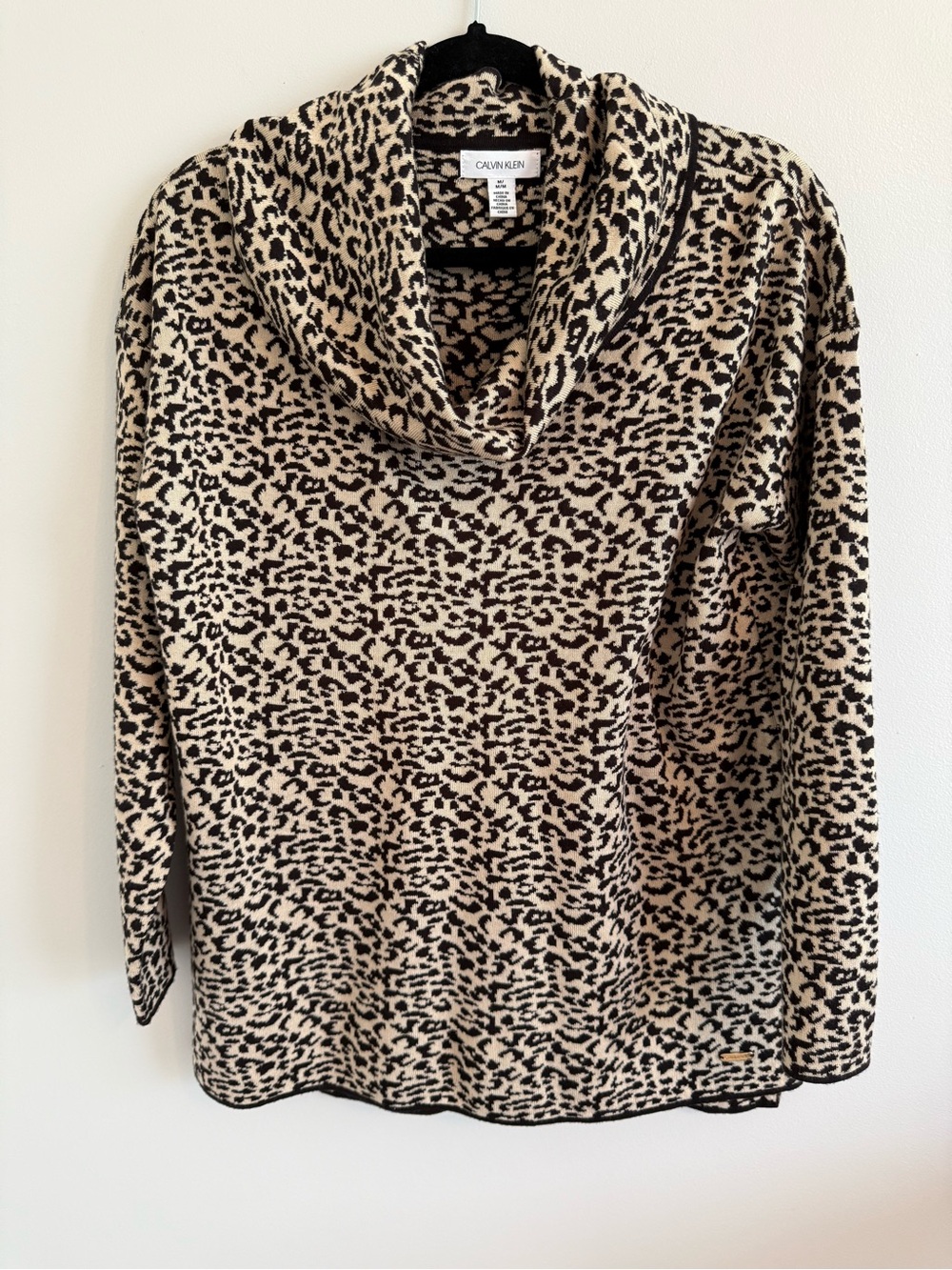 Calvin Klein Leopard Print Cowl Neck Sweater - Taupe & Black